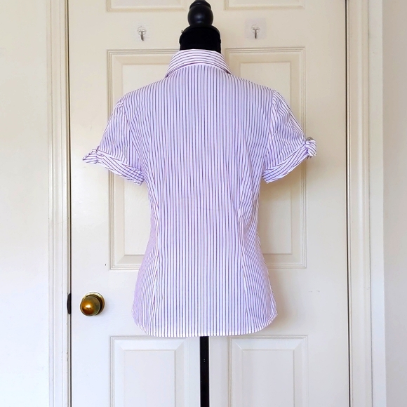 NWOT Express Design Studio Short Sleeve Button Down Stripe Shirt w/chrome decor. - Picture 2 of 5